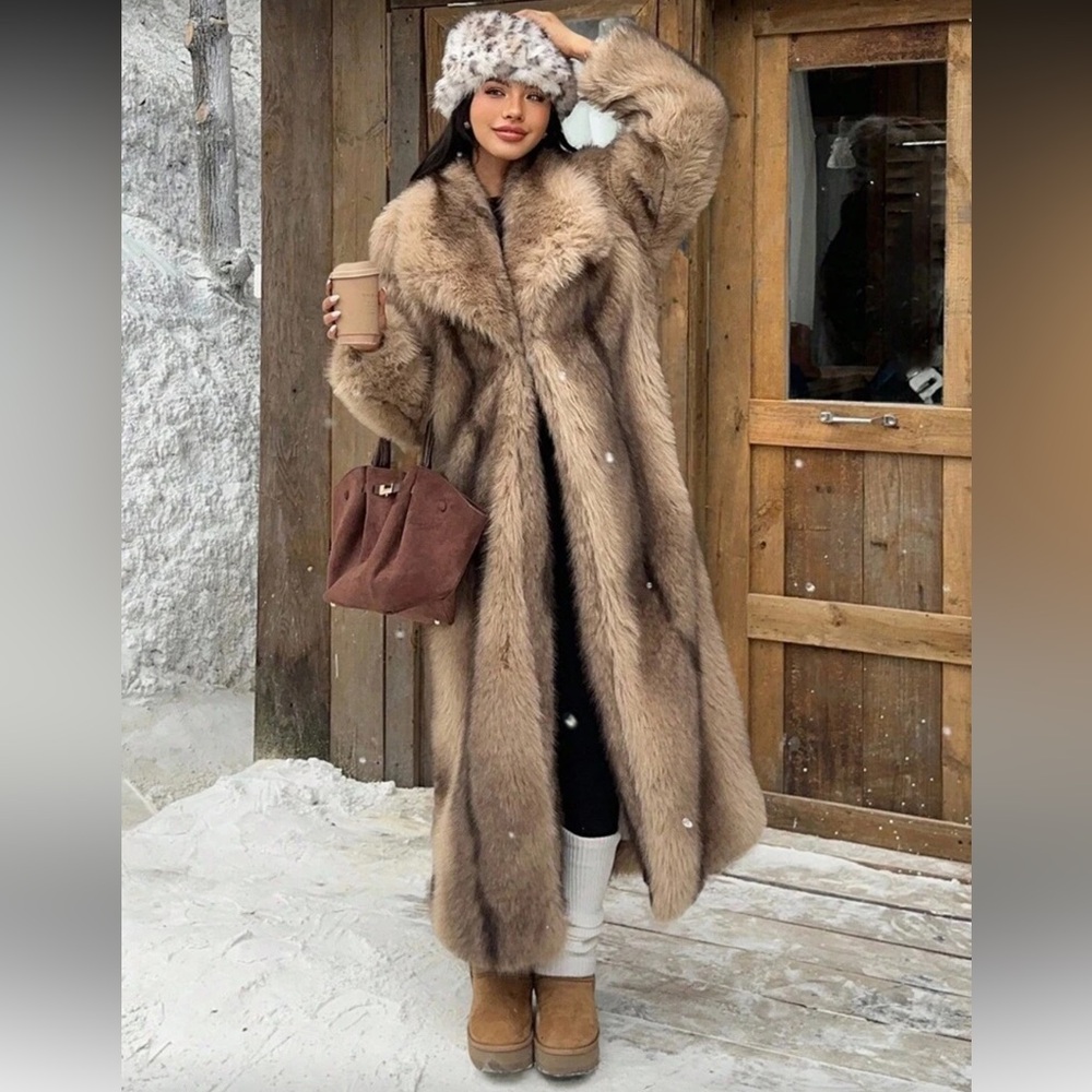 Vintage style luxury faux fur coat tan brown full length long jacket